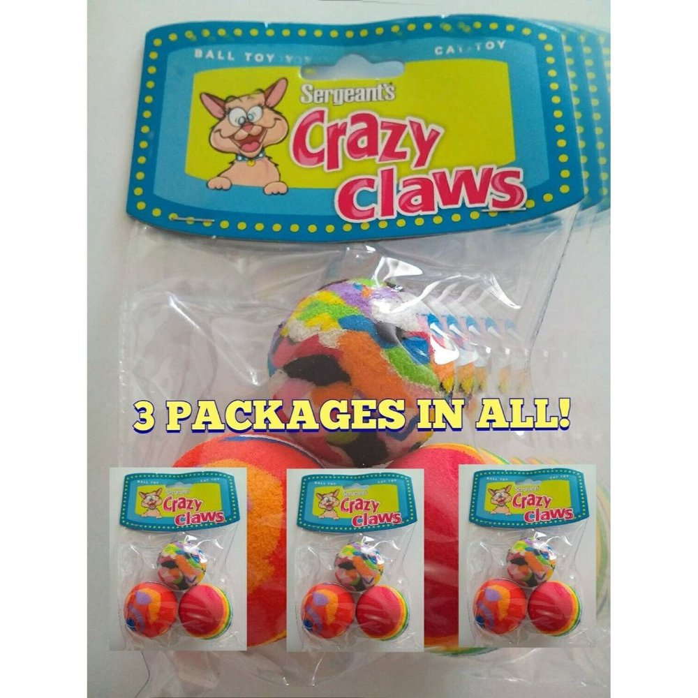 SERGEANTS CRAZY CLAWS CAT BALLS 3 PACK (LOT OF 3 PACKAGES) KITTEN FELINE CAT TOY